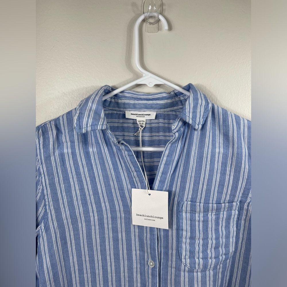 Beach Lunch Lounge Boyfriend Fit Gauze Muslin Blue White Stripes Button UpShirt - Picture 7 of 10